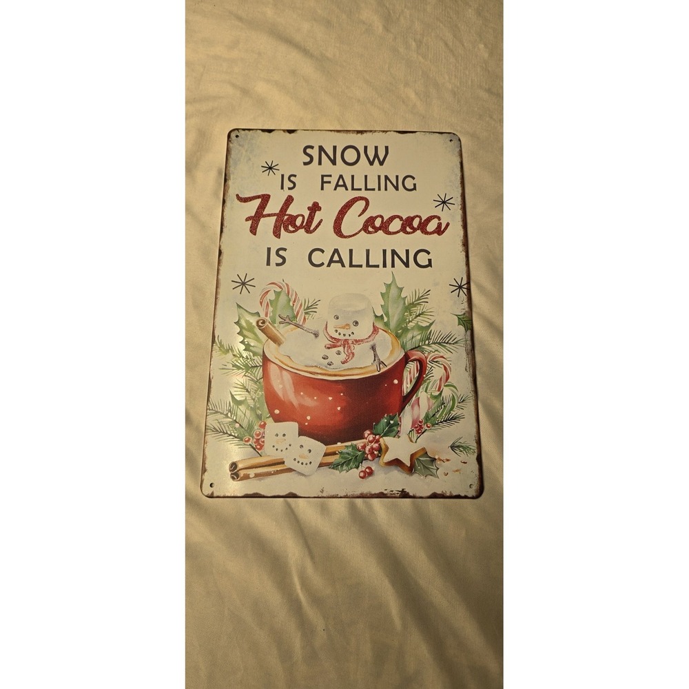 vintage-style decorative Christmas sign featuring a snowman in cup of hot cocoa